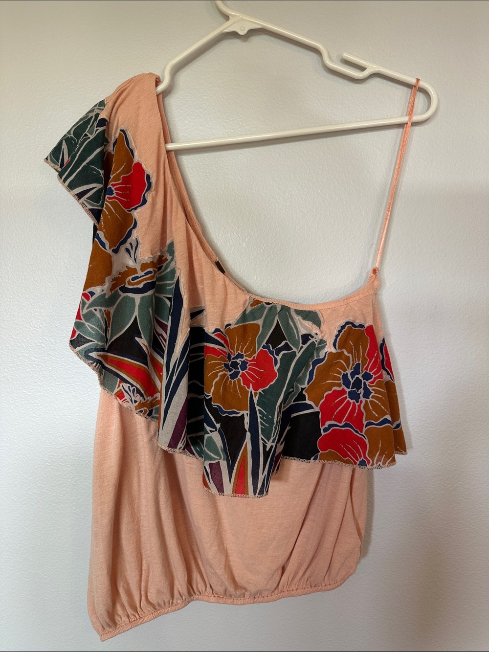 Peach One-Shoulder Floral Ruffle Shirt
